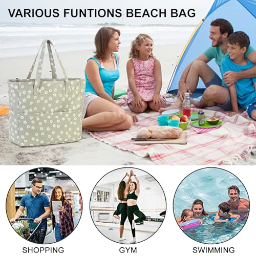 Bluboon Waterproof Beach Tote Pool Bags for Women Ladies Extra Large Carry On Bag With Wet Compartment for Weekender Travel - color: Beige Flower Green