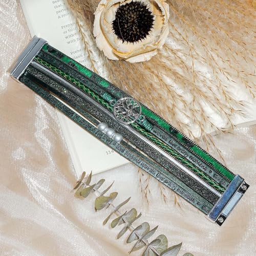 Leather Wrap Bracelet for Women, Boho Cuff Bracelet with Strong Clasp, Multi-Layer Crystal Leather Bracelet for Valentine Mother's Day - color: 02-Tree of Life-Green