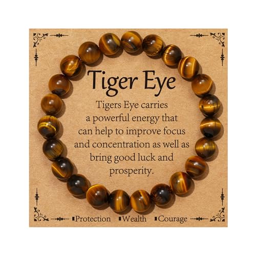 Gnamy Healing Crystal Bracelet for Women, Natural Stone Beaded Healing Crystal Bracelet Triple Protection Stress Relief Beads Jewelry Birthday Gifts Jewelry for Her - style: Tiger Eye