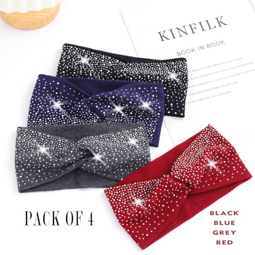 Urieo Wide Sparkly Headbands Rhinestones Stretch Head Bands for Women | Bling Elastic Knotted Headband Bedazzled Crystal Hair Bands - color: Red