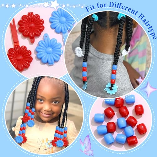 60PCS Hair Beads for Braids Blue Red Flower Self Hinge Hair Clips | 4th of July,Cute Dreadlock Beads, Acrylic Pony Bead,Plastic Hairpin Clips,80s 90s Colorful Hair Accessories - color: Blue&Red