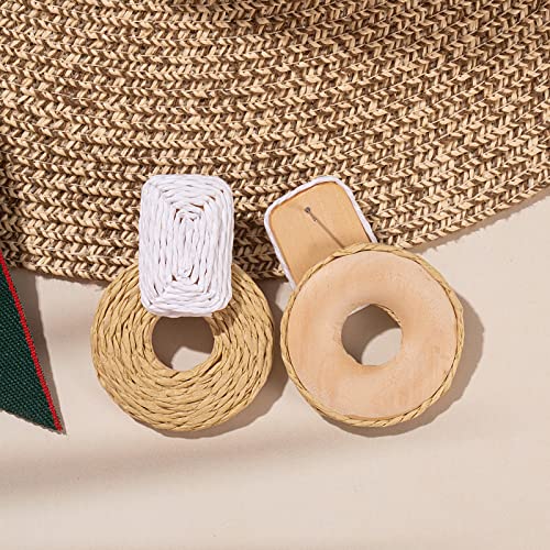 Statement Raffia Earrings Cute Boho Earrings Rattan Dangle Earrings Handmade Straw Wrap Earrings Summer Drop Dangling Earrings for Women Teen Girls - color: White/Nature