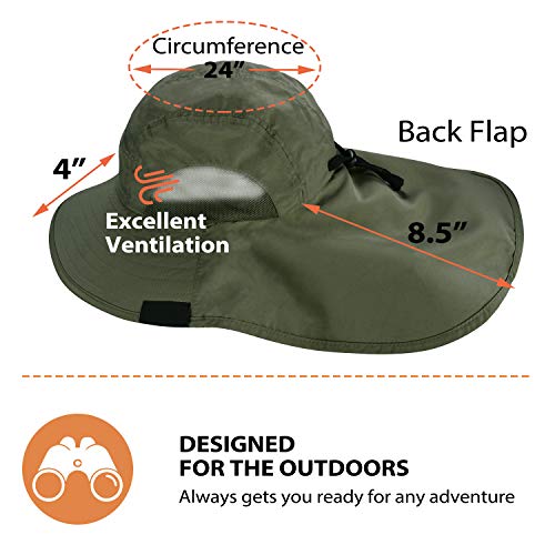 Tirrinia Wide Brim Sun Hat with Neck Flap for Men & Women, Breathable Hiking Fishing Safari Hat, Outdoor UV Protection Cap - color: Forest Green