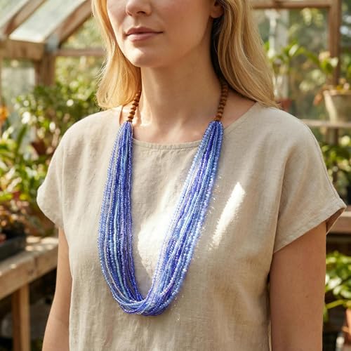 Coiris Chunky Statement Necklaces for Women Boho Multi Long Layered Strand Beaded Necklace for Women Handmade Crystal Beach Jewelry Gift - color: Royal Blue