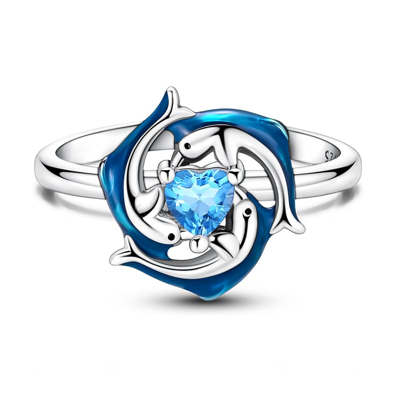 PARCOM Adjustable Women Stackable Ring, 925 Sterling Silver Open Rings - Trendy Eternity Cubic Zirconia Stackable Band Engagement Promise Ring for Her, Hypoallergenic Non Tarnish Nature Bird Floral Thumb Rings - color: Ocean Dolphin