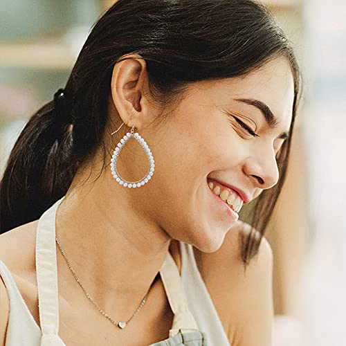 Bohemian Boho Teardrop Dangle Drop Earrings for Women – Delicate - Handcrafted Wire Wrapped Colorful Faceted Glass Beads – Gold Plated – with Gift Box Included - color: White Opal