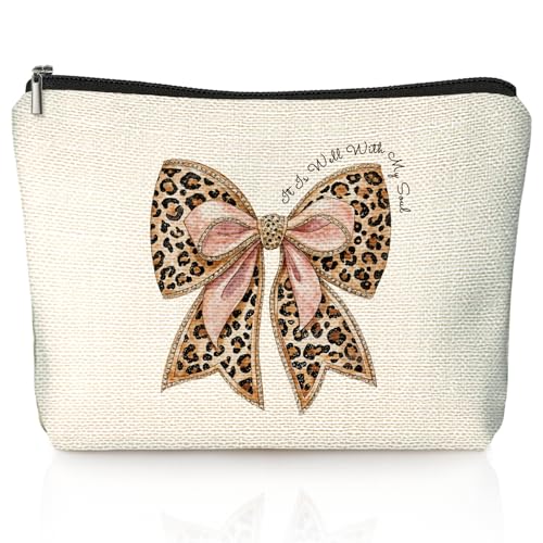 Coquette Leopard Print Bow Christian Makeup Bag, She Is Worthy Blue Girly Cosmetic Bags for Women, Christian Gifts for Women, Preppy Aesthetic Zipper Makeup Pouch - color: 01- Bible(02)