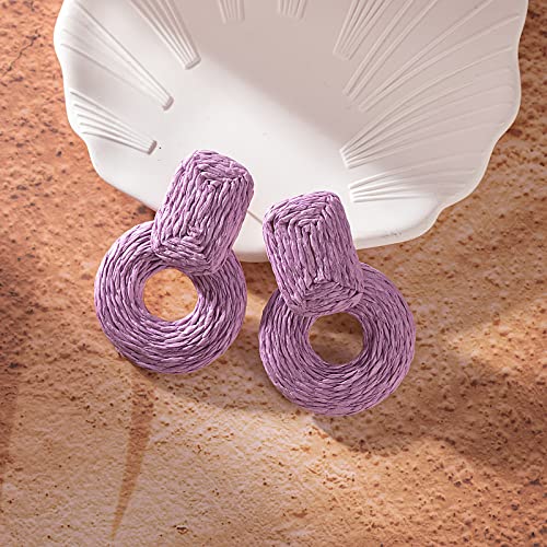 Statement Raffia Earrings Cute Boho Earrings Rattan Dangle Earrings Handmade Straw Wrap Earrings Summer Drop Dangling Earrings for Women Teen Girls - color: Purple