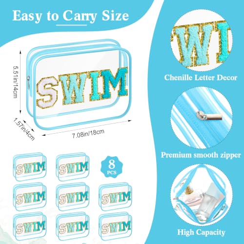 Kacctyen Clear Makeup Bag Bulk Summer Beach Sunscreen Pouch Waterproof Toiletry Cosmetic Zippered Organizer with Preppy Chenille Letter Patch(Swim,Lake Blue,8 Pcs) - color: Lake Blue, size: Swim