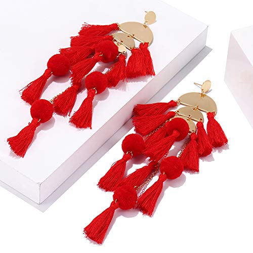 Long Tassel Earrings for Women Colorful Fringe Drop Dangle Earrings Bohemian Hawaiian Summer Beach Jewelry for Womens Vacation Outfits - color: Red
