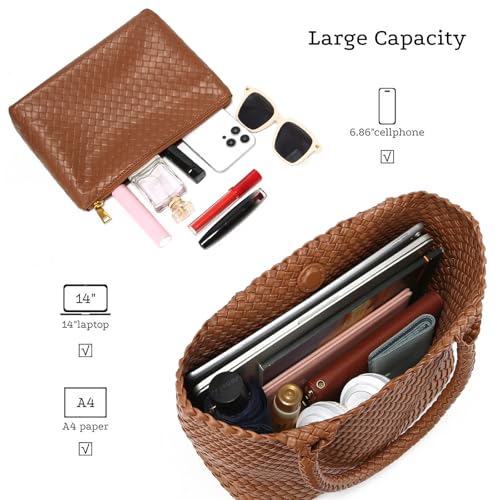 Woven Tote Bag for women,Vegan Leather Woven Satchel Handbag,Shoulder bag with Pouch,Hobo bag fits13-14” laptops - color: Brown
