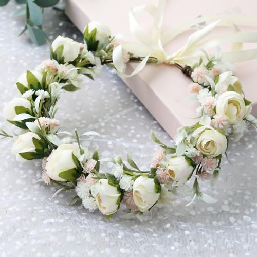 Vivivalue Wedding Flower Crown Women Flower Headband Hair Wreath Floral Headpiece Halo Boho with Ribbon Party Prom Festival Photos - color: K