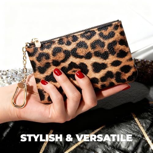 Leopard Print Coin Purse with Keychain - PU Leather Small Coin Pouch Key Pouch Small Card Holder Keychain Wallet Change Purse for Women and Men (Rust Leopard) - color: Z - Rust Leopard