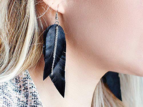 Black shiny Leather Feather Earrings for Women, Lightweight Minimal Boho Dangle Earrings, Small Simple Everyday Jewelry - color: black
