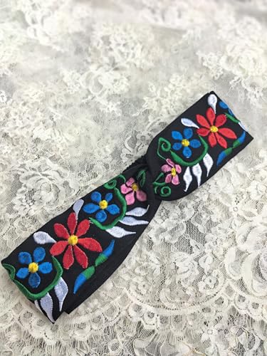 FANFAN Women's Mexican Handmade Embroidered Boho Headband – Elastic Floral Adjustable Hair Band for Weddings, Trendy Headwear for Evening Parties & Daily Wear E9 (Black, One Size) - color: Black