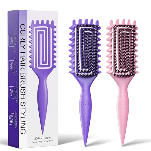 2-Pack Curly Hair Brush, Curl Defining Brush with Soft Boar Bristles Detangling Tangled Glides, Wide-Teeth Design Effortlessly Shaping & Defining Curls, Curling Definer for Wet & Dry Hair(Pink Purple) - color: Pink Purple