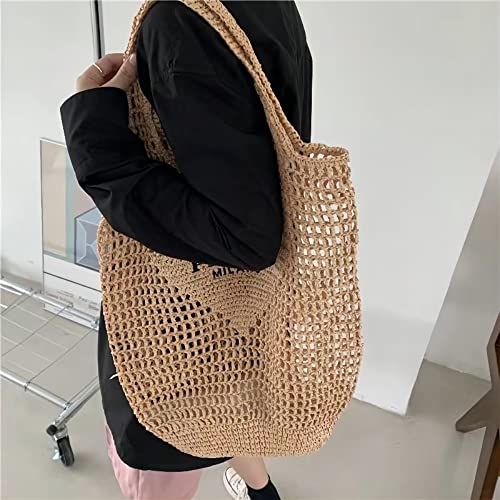 POOOPSSD New Woven Bag, Straw Mesh Tote Bag, Beach, Shoulder Bag, Hobo Women, Foldable Large Capacity, for Holiday. - color: Khaki