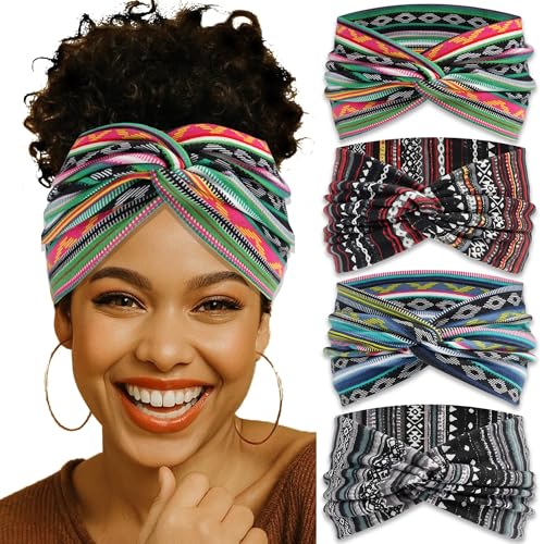 4 Pack Wide Headbands for Women Boho Turban Headbands Elastic Non Slip Hair Bands Yoga Striped Headwraps Hair Bandana Accessories - color: Multicolor-4