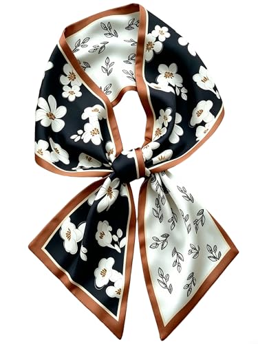 kcctoo 59" Mulberry Silk Like Head Scarf Women's Fashion Square Neck Satin Scarfs for Bag Hair Scarves Gift 59 * 5.9” - color: B005-black & White Camellia Silk Scarf