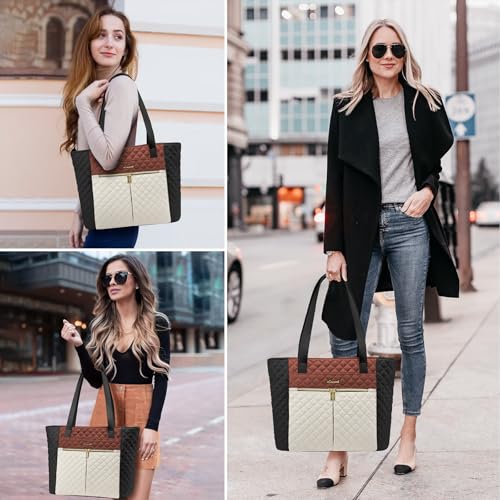 LOVEVOOK Laptop Bag for Women 15.6 inch,Diamond Quilted Work Tote Bags Womens Computer Shoulder Bags,Stylish Travel Tote Bags Laptop Purse Briefcase Handbag with Clutch Purse,Brown-Black-White - color: Brown-black-white Apricot(quilted), size: 15.6 Inch
