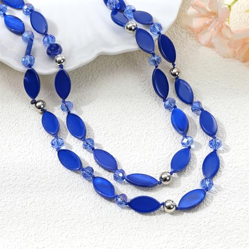 Long 48" Beaded Necklace for Women Boho Knot Strand Chunky Shell Crystal Beads Fashion Costume Jewelry for Gifts - color: Blue
