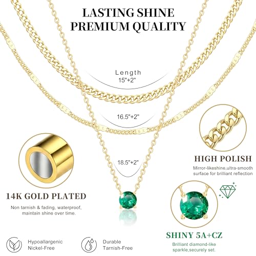WomenGifts Layered Gold Necklaces for Women, 14K Gold Sterling Silver Plated Dainty Pendant Necklace Set Non Tarnish, Chunky Stackable Cuban Chain Choker, Trendy Birthstone Vacation Jewelry Gift - color: Gold, style: Cubic Zirconia-Created Emerald-May