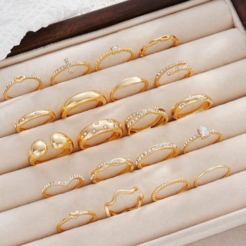 FAXHION 25 PCS Gold Stackable Rings Set for Women, Simple Twist Knuckle Finger Ring Trendy, Dainty Stacking Statement Thumb Rings Pack Jewelry Gift - color: Gold-Zircon