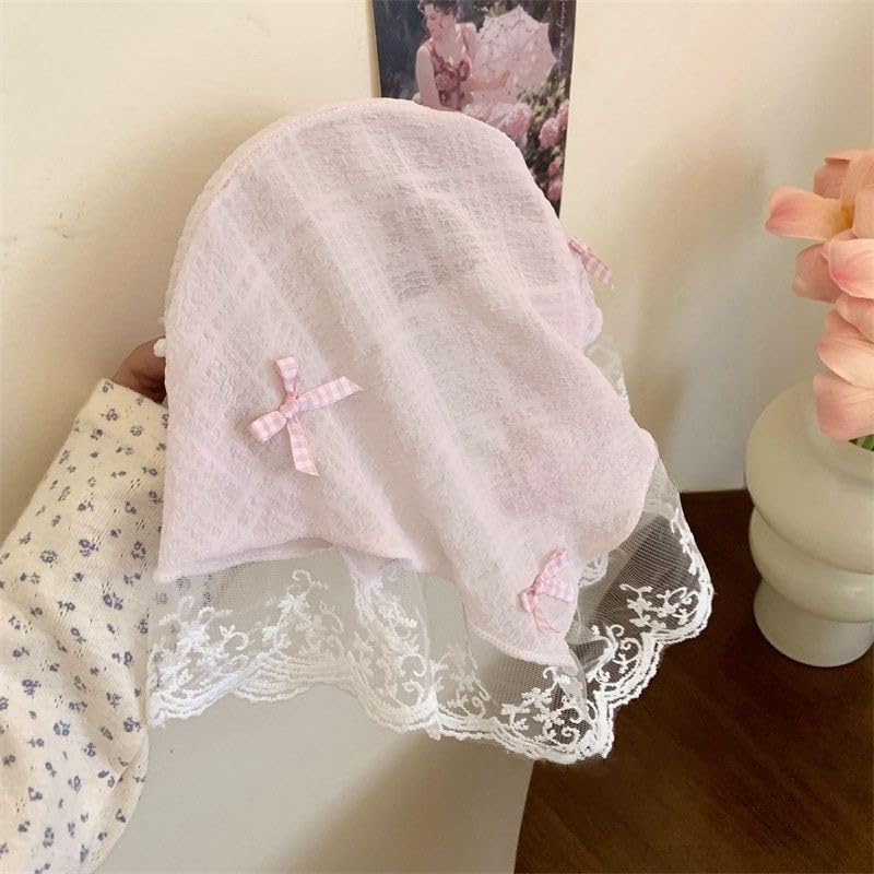 Women's Lace Bandana Headband, Vintage Gingham Triangle Scarf with Bow, French Retro Style for Boho Chic & Casual Outfits (4-Pink lace, One Size) - color: 4-Pink lace