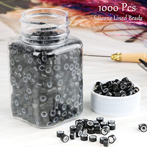 NIACONN 1000pcs 5 mm Tinsel Hair Extensions Beads, Silicone Lined Ring Micro Link I-tip Beads for Hair Extension - Black - color: Black, size: 5mm