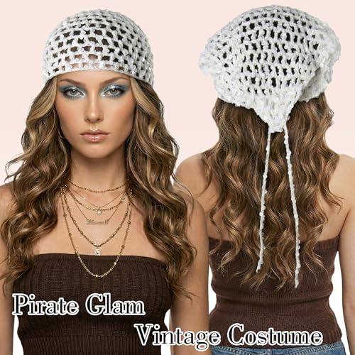 Ababalaya Crochet Cotton Head Scarf Boho Hollow Out Triangle Scarf with Shiny Sequin Y2K Hair Scarf - color: White