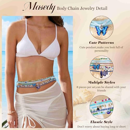 8PCS African Waist Bead Chains for Women Layered Belly Body Chain Handmade Plus Size Beaded Belly Chain Colorful Elastic Flower Butterfly Body Chains Summer Beach Bikini Body Jewelry 31-45in - style: Set C