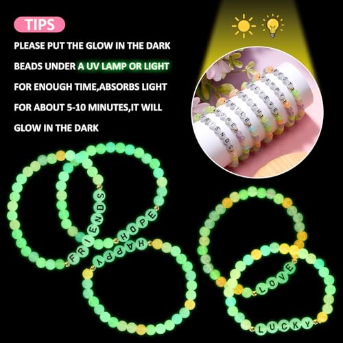 Hoteam 100 Pcs Beaded Friendship Bracelets Bulk Colorful Glow in The Dark Inspired Letter Bracelets Y2k Stretchy Preppy Adjustable Jewelry for Music Lovers Fans Women Party Favor Gifts Sleepover Party