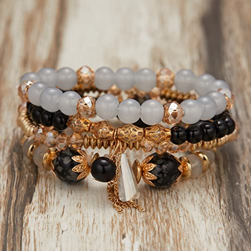 FUTIMELY Bohemian Crystal Beaded Bracelets Set for Women,Dainty Handmade Multilayer Colorful Charm Bracelet Beaded Stackable Stretch Bracelet Jewelry - color: Gray