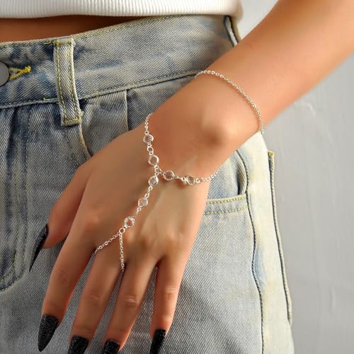 Dainty Gold Hand Chain Bracelet for Women Trendy,Ring Bracelet Hand Chain Bracelets Simple Finger Rings Slave Bracelets Boho Summer Beach Jewelry Accessories - color: Silver cz5