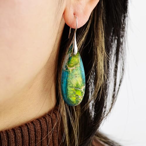 SELOVO Stone Fishhook Dangle Drop Earrings Statement Earrings for Women Stone - color: Blue&Green-Silver Color Hook
