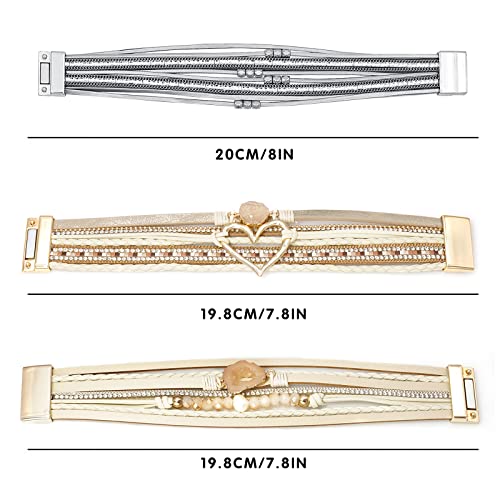 Leather Wrap Bracelet Set 3Pack Wrist Cuff Bracelet for Women Multilayer Magnetic Clasp Bracelet Feather Tree Bead Crystal Bracelet - color: Love Crystal