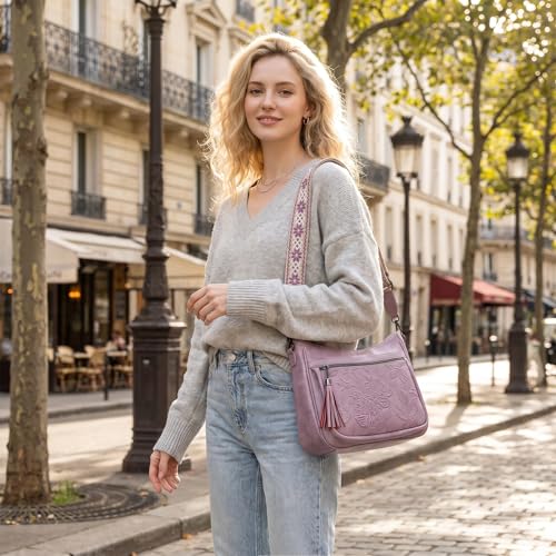 Crossbody Bags for Women, Vegan Leather Medium Crossbody Purse, Spacious Daily Travel Shoulder Bag with Boho Strap - color: Purple