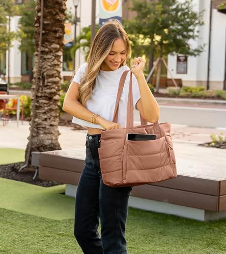 Tote Bag for Women with Zipper, Quilted Puffer Tote Bag with Compartments, Lightweight Puffy Work Bags for Women Travel - color: Pecan Brown