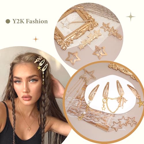 10PCS Gold Hair Clips Dangle Star Hair Clips Metal Snap Star Barrettes 9 Shapes Y2K Hair Accessories for Women and Girls - color: Gold