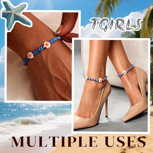 Tgirls Boho Ankle Bracelets for Women Beaded Anklets Chain Beachy Flower Foot Accessories - color: Blue
