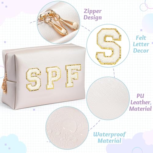 Preppy Patch Cosmetic Bag - Summer Gift White SPF Chenille Letter Makeup Bag, PU leather Travel Toiletry Kit Portable Waterproof Make Up Pouch Zipper Clutch, Gifts for Women Girls - color: White, style: Spf