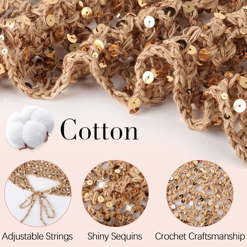 Ababalaya Crochet Cotton Head Scarf Boho Hollow Out Triangle Scarf with Shiny Sequin Y2K Hair Scarf - color: Khaki