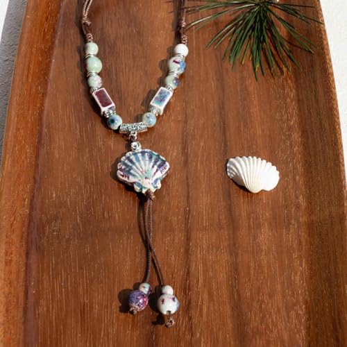 Boho Style Colorful Ceramic Bead Strand Necklace Adjustable Bohemian Jewelry Gift for Women, Fashion Clothing Matching Necklace - color: Kiln Changed Green