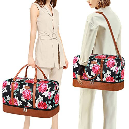 IBFUN Weekender Bags for Women, 21" Weekender Travel Bag, Travel Duffle Bag with Shoe Compartment Carry on Overnight Duffel Bag for Weekend Travel Business Trip, 3PCS - color: C1-Flower