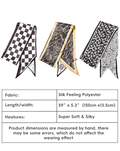 Raylarnia 3 Pack Satin Purse Bag Scarf for Women 59”Long Silky Scarves for Neck,Hair,Head,Handbag,Fashion Gift Set - color: Black White (Paisley Polka Dots/Lotus Flower/Checkered)