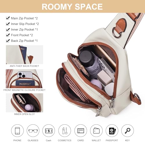cakang Womens Sling Bag Crossbody Bags for Women Vegan Leather Sling Backpack Daypack Fanny Pack Crossbody Purse Travel - color: 3-white Brown