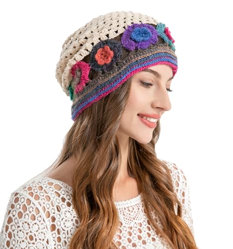 ZLYC Women Cotton Crochet Slouchy Beanie Hat Handmade Knit Summer Skull Cap - color: Colorful Flower Beige