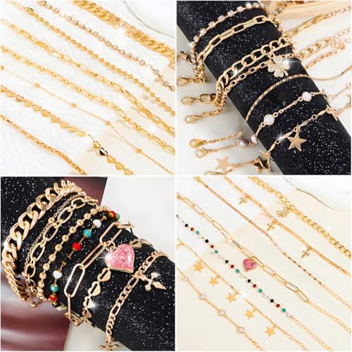 16 Pcs Gold/Silver Anklet Bracelets for Women Cuban chain Heart-shaped Beads Layered Adjustable Size Beach Daily Party - color: golden