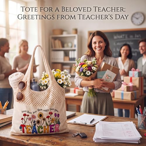 Shinylin Personalized Crochet Tote Bag for Beach Women Beige Mesh Knit Shoulder Bag Boho Aesthetic Tote for Women - style: Teacher Flowers