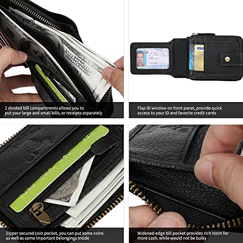 Zipper Wallet Men RFID Blocking Leather Bifold Wallets For Men - Flap ID Window Zip Coin Pocket Mens Zipper Wallets - Big Capacity Credit Card Travel Wallet (Black) - color: Black